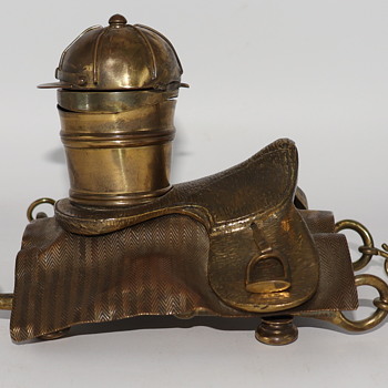Vintage Brass Jockey Helmet, Saddle and Blanket Match Holder - Tobacciana