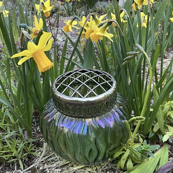 Bohemian Art Nouveau green iridescent glass vase with brass grille - Art Glass
