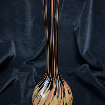 Czech Art Deco black glass vase with bottom up spatter & stripes - Art Glass