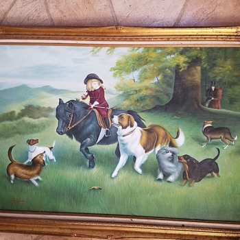 Folk Hunt Scene Painting - Child on Pony with Dogs. Help identify - Fine Art