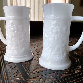 Vintage milk glass drinking mugs beer steins with embossed design, Federal Glass Co. - Glassware