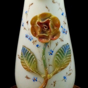 Antique Victorian Bohemian Hand Painted Applied Rose Art Glass Vase - Art Glass