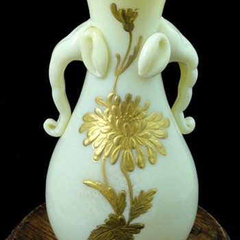 White House Glassworks: Worchester Ivory Hand Painted Art Glass Vase with Applied Elephant Bust - Art Glass