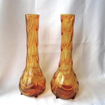 Vintage Golden Amber Draped Molded Decor Glass Pair Bud Vases - Mystery Bohemian-Czech Pieces? - Art Glass