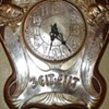  German Art Nouveau Brass and Wood Hanging Jugendstil "Wag-On-the-Wall" Clock “Zeit Eilt”  "Time Flies"