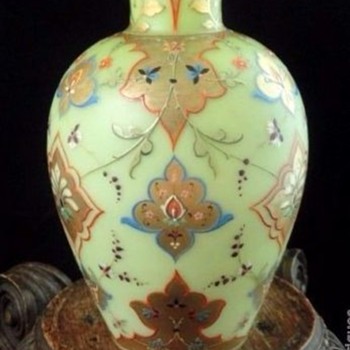 Antique Bohemian Victorian Harrach Hand Painted Enamel Floral Art Glass Vase - Art Glass