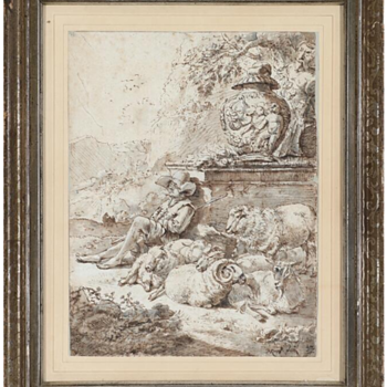 Shepherd resting with his sheep ... - Fine Art