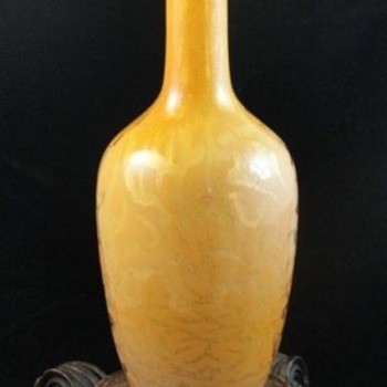 Antique Bohemian Harrach Peach Air Tapped & Mica MOP SEAWEED Art Glass Vase - Art Glass