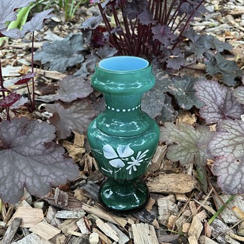Small Victorian cased green glass vase with enamel decoration  - Art Glass
