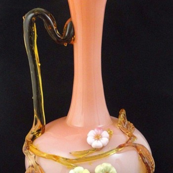 Antique Bohemian Victorian Harrach or Loetz Peach Applied Rosette Art Glass Ewer Vase - Art Glass