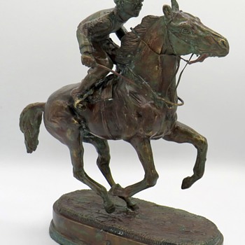 Antique Bronze Thoroughbred And Jockey Sculpture - Animals