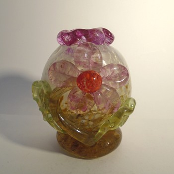 Little Czech art glass vase with applied flower and frilly top -- possibly ZBS - Art Glass