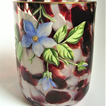 Signed Harrach Oxblood Splatter Art Glass Tumbler and Finger Bowl Set with Hand Painted Floral Enameling - Art Glass