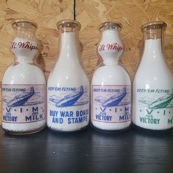 #2 GROUP OF WAR SLOGAN AIRPLANES ON MILK BOTTLES  - Bottles