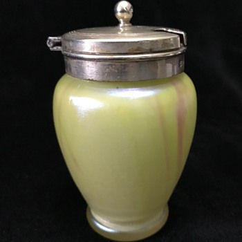 Bohemian (?) Art Nouveau iridescent glass mustard pot with silverplate top - Art Glass