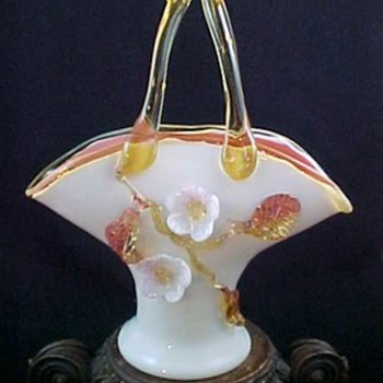 Antique Victorian Harrach Art Glass Basket with Applied Rosettes - Art Glass