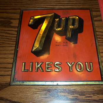 vintage Tin 7-UP LIKES YOU sign- H. E. Donaldson Co. Covington KY. - Advertising