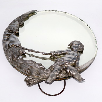 1890's Large Silver Plated "Cupid Tickling Man In The Moon" Vanity Mirror - Furniture