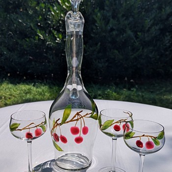A 'Early Loetz Intarsia' Carafe with three Wine Glasses. - Art Glass