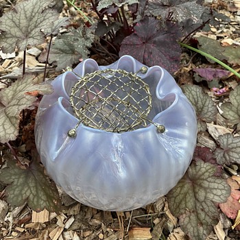 Bohemian Art Nouveau mauve iridescent glass rose bowl with brass flower holder - Art Glass
