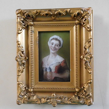 German or Bavarian PORCELAIN PLAQUE of Smiling Bar Maid w/ Steins - Fine Art