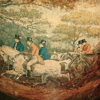 Vintage Leather- Wrapped Ceramic Tobacco Humidor Jar Fox- Hunting Scene - Sponge in Lid - Animals