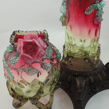 Harrach Rubina Verde Thumbprint Art Glass Vases with Applied Roses - Art Glass