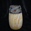 Bohemian Art Nouveau marbled satin glass vase with metal collar & glass cabochons