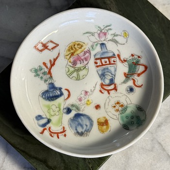 Porcelain Chinese Saucer with Vases and Scholar's Objects - Asian