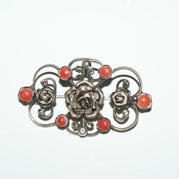 Old Silver Brooch with Coral Embellishments - Fine Jewelry