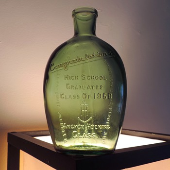 1968 Geibel High School Graduates Flask Bottle Connellsville Anchor Hocking Green Embossed - Bottles