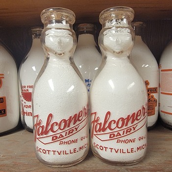 2 FALCONERS DAIRY...SCOTTVILLE MICHIGAN COP THE CREAM MILK BOTTLES - Bottles