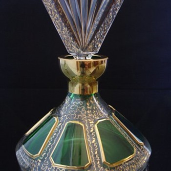 Green and Gold Paneled Glass Perfume Bottle aka Slat aka Listovane aka Listovacka - Bottles