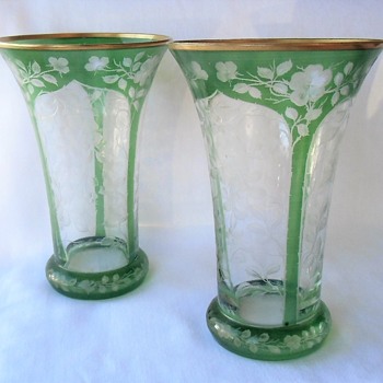 Lovely Bohemian Art Nouveau Crystal Pair Vases Green Flash Cut To Clear Climbing Roses - Art Glass