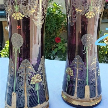 French Art Nouveau Pair Amethyst Glass Vases 10inches tall - Art Glass