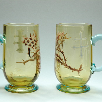 rare pair of emile gallé attributed " thistle and cross of lorraine" service liquor glass mugs. - Art Glass