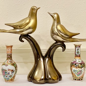 Old Metal Sculpture Doves On Tree Limb Base  - Asian