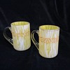 Pair small yellow & white streaked glass cups with enamel decoration - Moser?