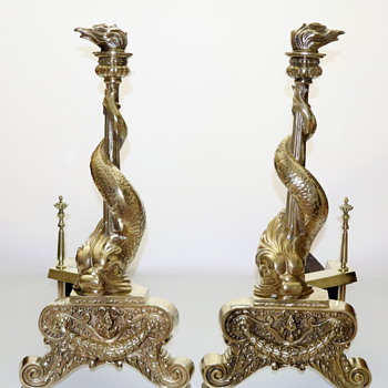19th Century Brass Dolphin Andirons With Torch Finials  - Tools and Hardware