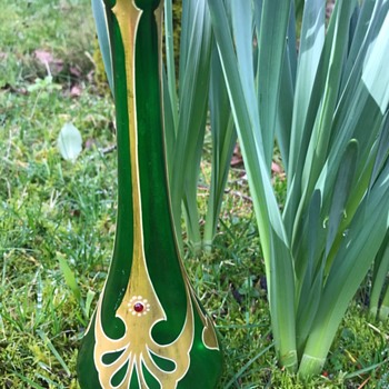 Bohemian Art Nouveau Secessionist green glass vase with gilded decoration & ruby beads - Art Glass