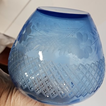 Vintage or Antique Blue Etched Glass Vase or Container - Glassware