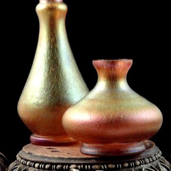 Bohemian Kralik Iridescent Peach Oil Spot Art Glass Vases - Art Glass