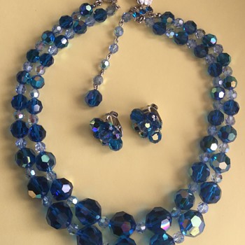 Sherman Blue Clear Crystal Necklace Earring Set - Costume Jewelry