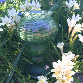 Bohemian Art Nouveau iridescent green striated glass vase - Welz - Art Glass