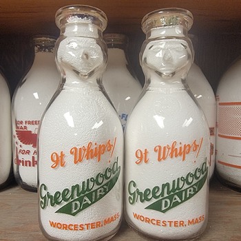 TWO GREENWOOD DAIRY...WORCESTER MASSACHUSETTS...COP THE CREAM MILK BOTTLES - Bottles