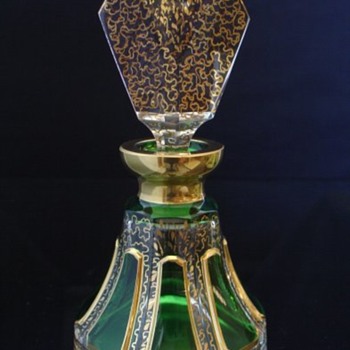 Green and Gold Paneled Glass Perfume Bottle aka Slat aka Listovane aka Listovacka - Bottles