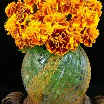 Bohemian Cut Art Glass Rose Bowl with Rococo Enameling - Art Glass