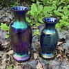 Two Bohemian Art Nouveau cobalt blue iridescent Pampas style glass vases 
