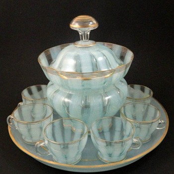 Bohemian Blue-Opalescent Art Glass Punch Bowl Set - Art Glass
