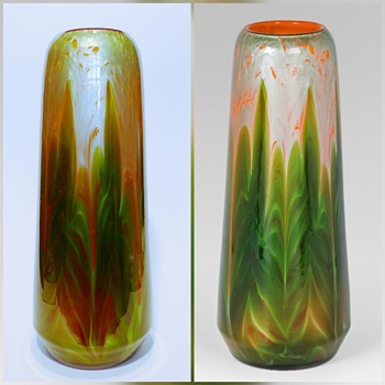 Lötz: PG 4212 "Titania" orange opal with leaf green and PG 4252 green with silver and silver dots. 1905 to 1909 - Art Glass